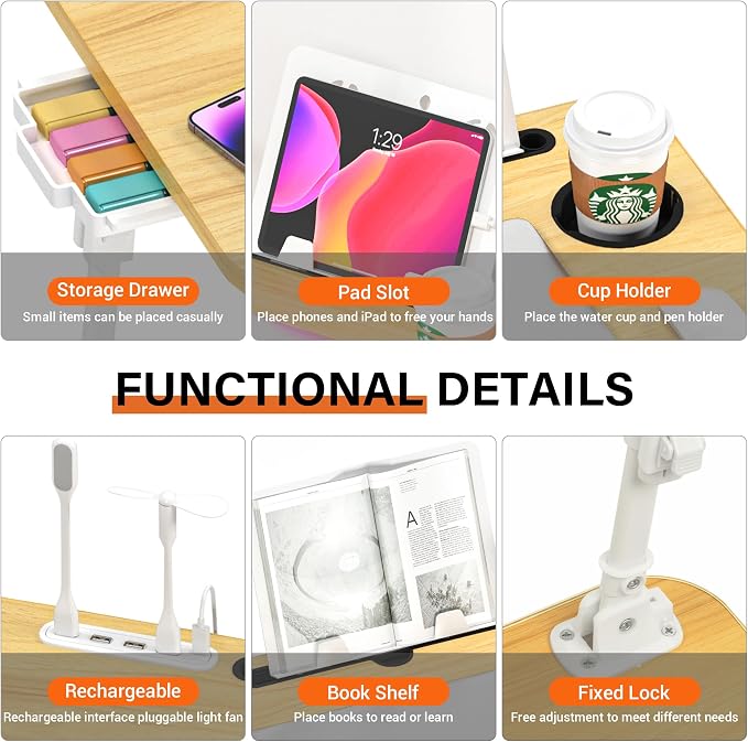 Lap Desk for Bed, Adjustable Laptop Desk with USB Charging Port, Storage Drawer & Bookshelf — Foldable Bed Desk for WFH & Students, 23.6" Desktop Fits 22" Laptop, Non-Slip, Wood - Image 5