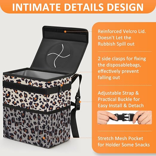 Vankor 3 Gallons Cute Car Trash Can, Car Accessories for Interior Leak Proof Can Trash Bag Hanging Waterproof Automotive Vehicle Garbage Cans Leopard Print Pattern - Image 4