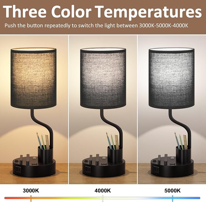Fenmzee Bedside Lamps for Bedroom Set of 2 - Table Desk Lamp for Nightstand | 15" Table Lamp for Living Room with Pen Holder & Phone Stand, USB A+C Port, AC Outlet, 3 Color Temperature, LED Bulb Included - Image 2