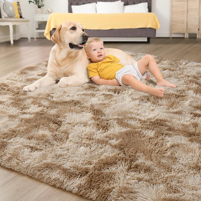 Tepook Area Rugs 9x12 for Living Room, Super Soft Fluffy Rugs for Bedroom, Modern Shaggy Rug Fuzzy Carpets for Kids, Plush Indoor Nursery Home Decor Rug with Non-Slip Bottom, Tie-Dyed Beige - Image 4