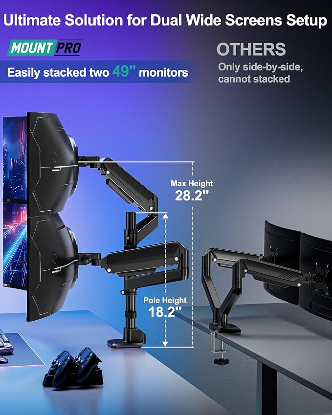 MOUNT PRO Dual Monitor Arm for Max 49" Ultrawide Screens up to 44 lbs, Heavy Duty Extra Tall Monitor Desk Mount, Vertical Stacked Adjustable Dual Monitor Mount, VESA Mount 75x75mm/100x100mm - Image 3