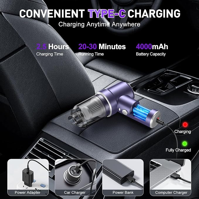 KMM Handheld Car Vacuum Cleaner, 9000PA Vacuum Cleaner & Air Duster, 120W High Power Vacuum Portable Cordless, Hand Held Vacuum Rechargeable with Multi-Nozzles & LED Light for Home, Car, Office - Image 5