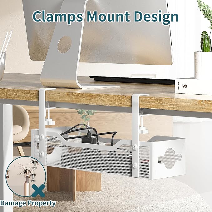 Under Desk Cable Management Tray White, Litwaro Cable Management Under Desk No Drill, Cable Organizer with Clamp for Wire Management, Cord Organizer for Office, Home No Damage to Desk - Image 3