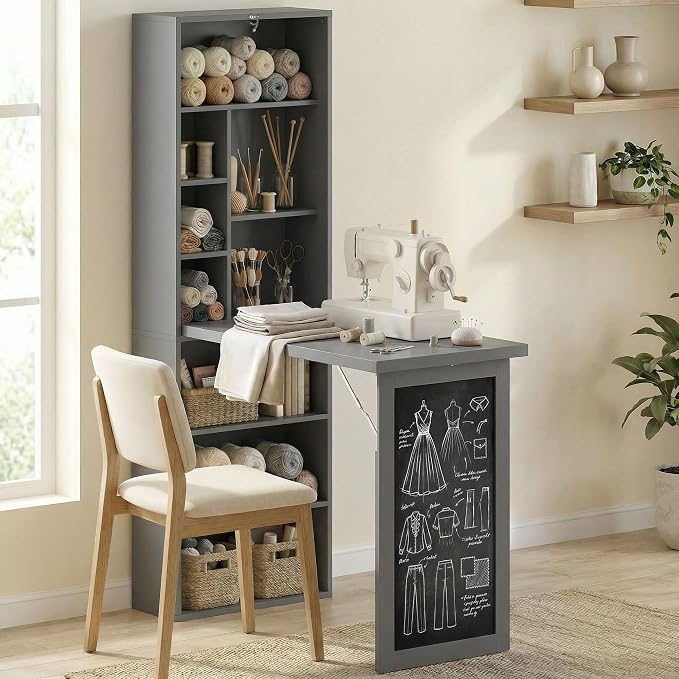 HOMCOM Foldable Desk Wall Mounted Convertible Table for Small Spaces, Gray | Wall Mounted, Space-Saving, Chalkboard, Storage Shelves, for Small Spaces, Home Office, Bedroom, Dorm, Apartment - Image 7