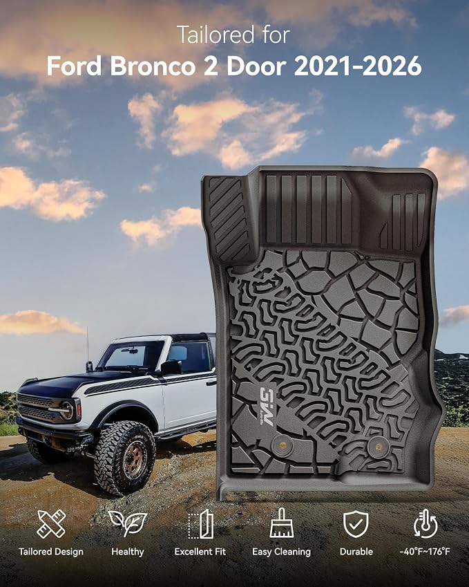 3W Floor Mats & Cargo Liner Fit for 2021-2025 2026 Ford Bronco 2 Door All Weather TPE Car Accessories Custom Fit Floor Liner and Full Set Car Mats (Not for Bronco Sport & Rubberized Floor) - Image 2