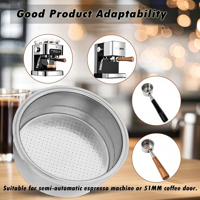 51mm Stainless Steel Coffee Filter Double Layer Filter Basket Stainless Steel Portafilter Basket Espresso Handle Compatible for Portafilter Coffee Machine(Double Cup) - Image 3