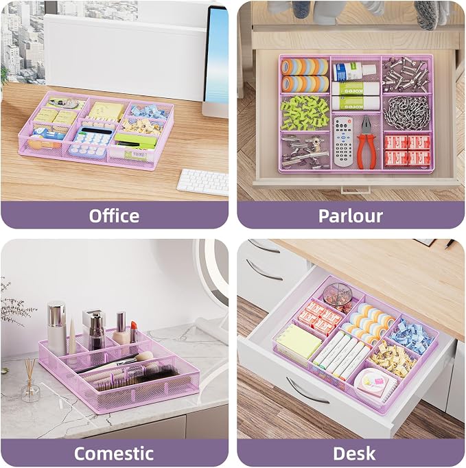 Marbrasse Desk Drawer Organizer, Metal Mesh Drawer Organizer Tray with 5 Adjustable Compartments,Desk Organizers and Accessories for Home,Office,Kitchen,Makeup,Vanity (Purple) - Image 4
