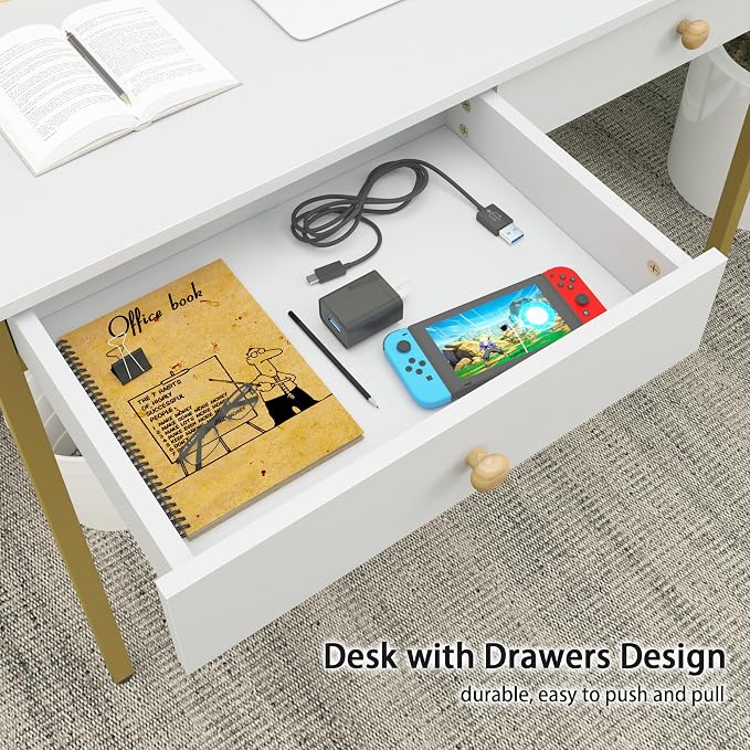 Weehom Computer Desk with Drawers, Home Office Workstation, White Gold | Sturdy and spacious workstation for writing, studying and gaming, Suitable for PC and laptop use - Image 4