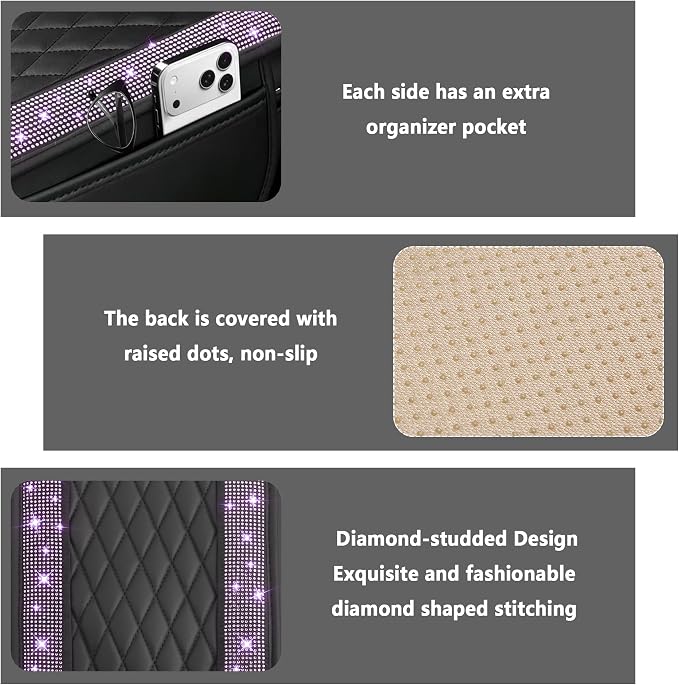 Stacool Upgraded Car Center Console Cover with Rhinestones,Microfiber Leather Car Armrest Cover Cushion with 2 Storage Bags,Universal Cars Armrest Storage Box as Cars Interior Accessories - Image 3