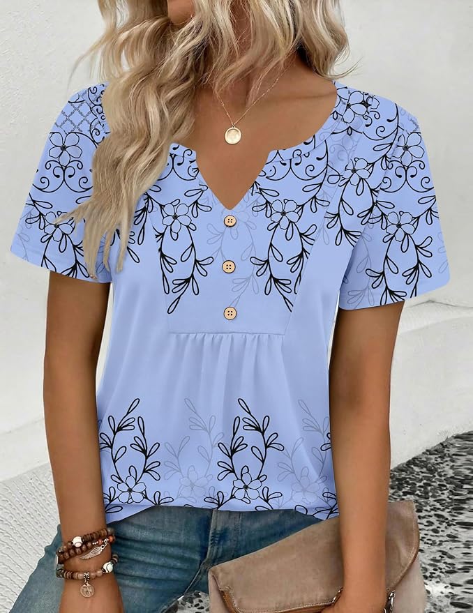 Zeagoo Womens Short Sleeve Tops Summer Henley V-Neck Tshirts Casual Pleated Blouse Dressy Loose Floral Basic Tee - Image 3