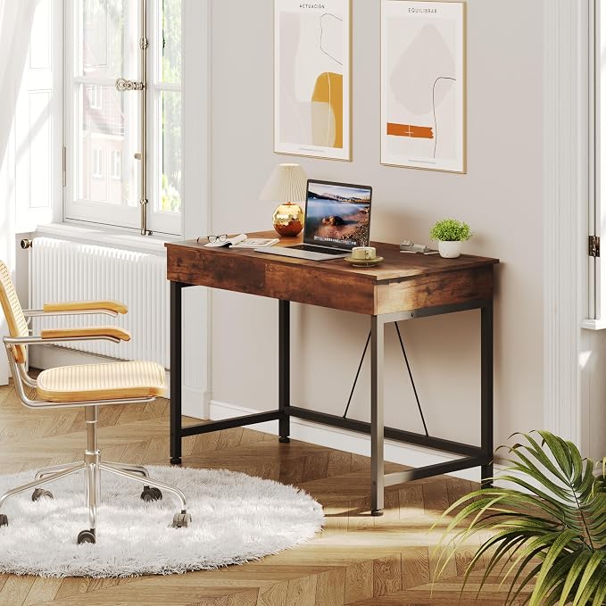 Mexin Small Desk with 2 Wooden Drawers, 40 Inch Home Office Writing Desk, Vanity Desk with Storage, Computer Desk for Bedroom Small Spaces, Table for Office, Kids Study, Makeup, Rustic Brown - Image 8