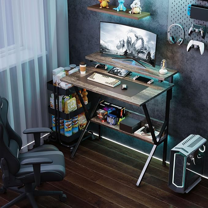 COTUBLR Small Desk, Small Computer Desk for Small Spaces, 27.5 Inch Computer Desk with Adjustable Monitor Stand, Compact Desk with Storage, Tiny Desk Study Desk for Bedroom Home Office, Grey - Image 2