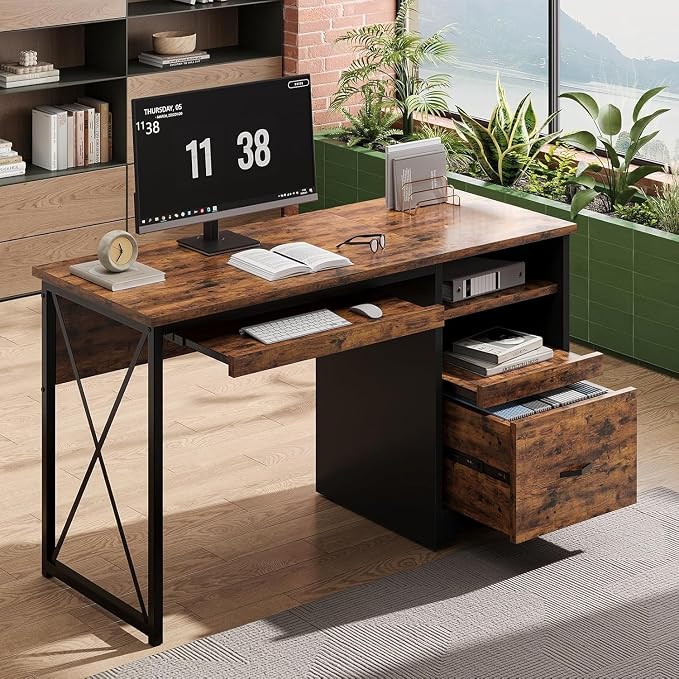 Bestier 47" Computer Desk with Drawers, Home Office Desk with Keyboard Tray, Reversible Industrial Office Desk with Storage Cabinet for Small Space Home Office & Studio, Rustic Brown | Storage Drawer, File Drawer Letter/Legal, Keyboard Tray, Cable Mana... by Bestier
