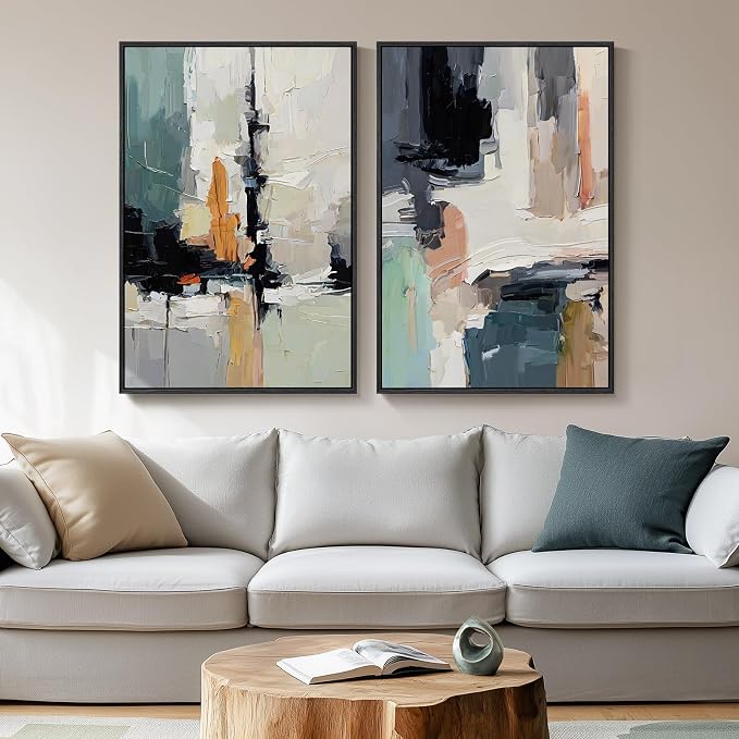 Large Framed Colorful Abstract Wall Art, Set of 2 Modern Canvas Prints Paintings Artwork for Walls, Bright Blue Green Multicolor Pictures for Living Room Hallway Dining Bedroom Wall Decor 20x30 In - Image 2