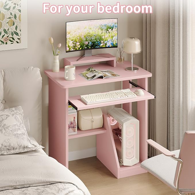 ALISENED 30 Inch Computer Desk, with Keyboard Tray & Monitor Stand | Compact Desk for Space-Saving, Ergonomic Study Desk with Storage Shelves for Writing, Gaming, Working, Pink - Image 7