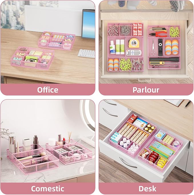 Marbrasse 2 Pack Desk Drawer Organizer, Mesh Drawer Organizer Tray with 8 Adjustable Compartments, Desk Organizers and Accessories, 5 Dividers Drawer for Office Supplies, Makeup & Vanity (Pink) - Image 3