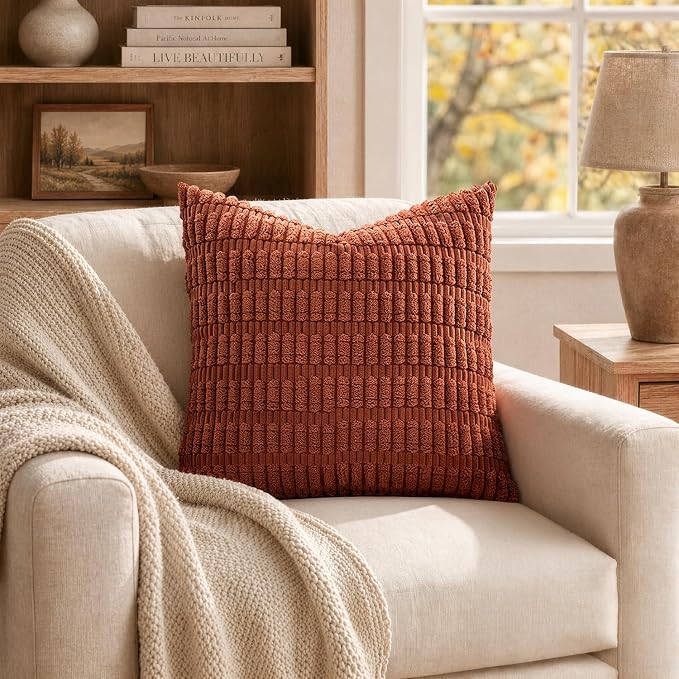 MIULEE Fall Pack of 2 Rust Corduroy Decorative Euro Sham Pillow Covers 24x24 Inch Soft Boho Striped Throw Pillow Covers Modern Farmhouse Home Decor for Sofa Living Room Couch Bed - Image 4