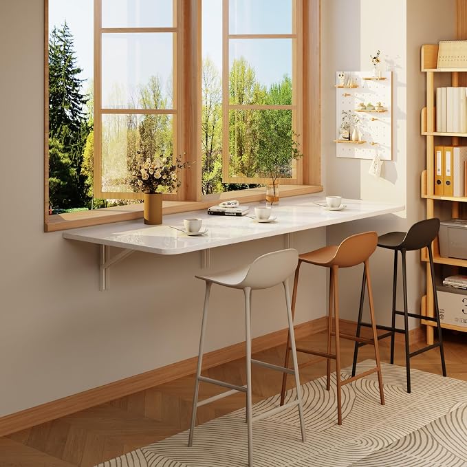 IAE 55x22in Floating Fold Desk,Wall-Mounted Folding Computer Table,White | Study Table with Shelf Brackets,Foldable Down Shelf with Engineered Wood,Fold Computer Desk for Small Apartment,Holds 514 lb - Image 4
