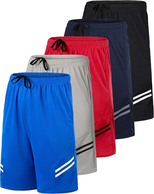 5 Pack Men's Mesh Shorts Athletic Basketball Sports Gym Workout Pockets | Cooling Moisture-Wicking, 9", Long, Quick-Dry, Breathable, Elastic Drawstring Waistband. Running, Exercise, Soccer, Training. by RealEssentials