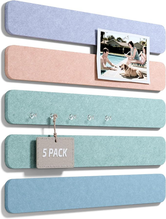 Fluxynara 13" x 2" Felt Wall Panels, Coastal Haze | 5-Pack Cork Board Alternative with 35 Push Pins, Adhesive Mounting for Bedroom Door or Home Office by FLUXYNARA
