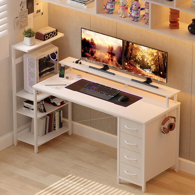 51 Inch Gaming Desk with Drawers & PC Tower Stand & LED Lights, White | Reversible, Monitor Shelf, Power Outlets, Carbon Fiber, Mesa Gamer, Computer Desk with Storage, Gaming Table for Home Office by YOUDENOVA