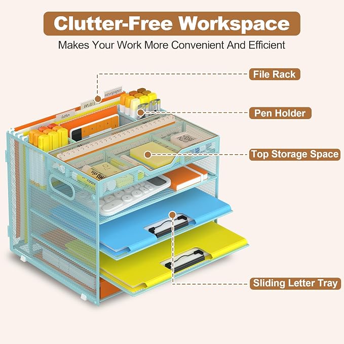 Docnest 5 Tier Desk Organizer with Hanging File Folder Holder&Tray, Blue | Features 3 detachable pen holders and 4 removable dividers.Versatile mesh desktop storage for mail, document,office supplie - Image 4