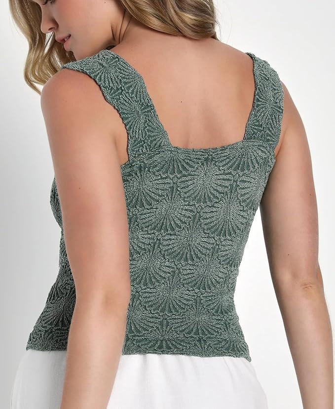 Women's Square Neck Wide Strap Crop Tank Tops Flower Going Out Tops Slim Fit Lettuce Trim Crop Cami Tops - Image 3