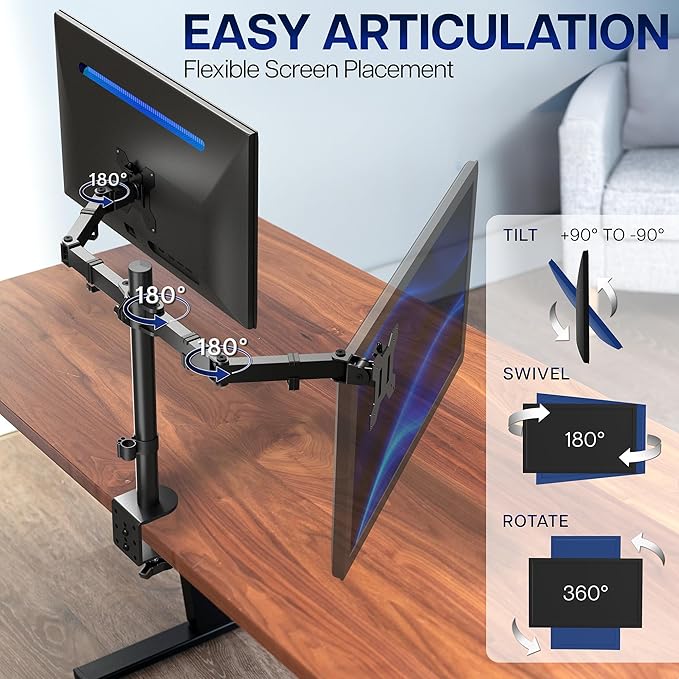VIVO Dual Monitor Desk Mount, Holds 2 Computer Screens up to 30 inches and 22lbs Each, Heavy Duty Fully Adjustable Steel Stand with C-Clamp and Grommet, Black, STAND-V002 | Black, Articulating, Adjustable Monitor Arm, Grommet or C-Clamp Mounting, Compu... - Image 4