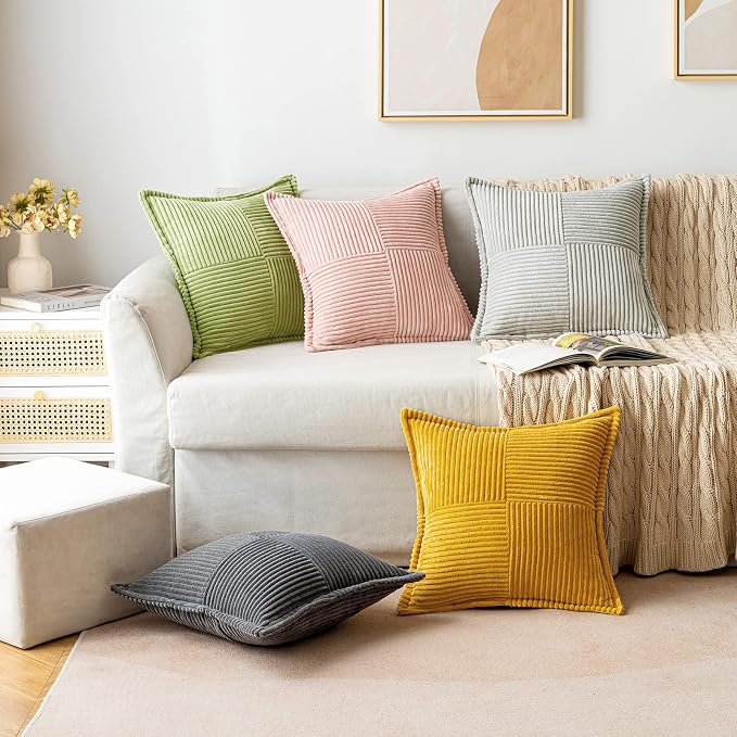 MIULEE Spring Decorative Throw Pillow Covers for Couch Bed Livingroom 18x18 Inch Set of 2 Green Boho Accent Throw Pllows Broadside Striped Patchwork Soft Corduroy Summer Pillowcases - Image 4