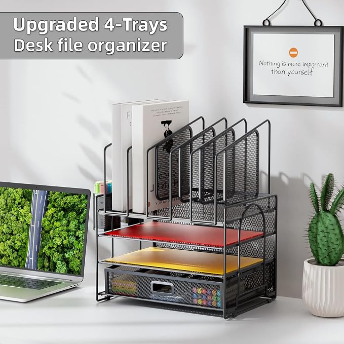 Marbrasse Desk Organizers, 4-Tier Mesh Desk File Organizer with 5 Vertical File Holders and 2 Pen Holders, Multifunction Desktop Organizer,Desk Organizers and Accessories for Home Office (Gray) - Image 4
