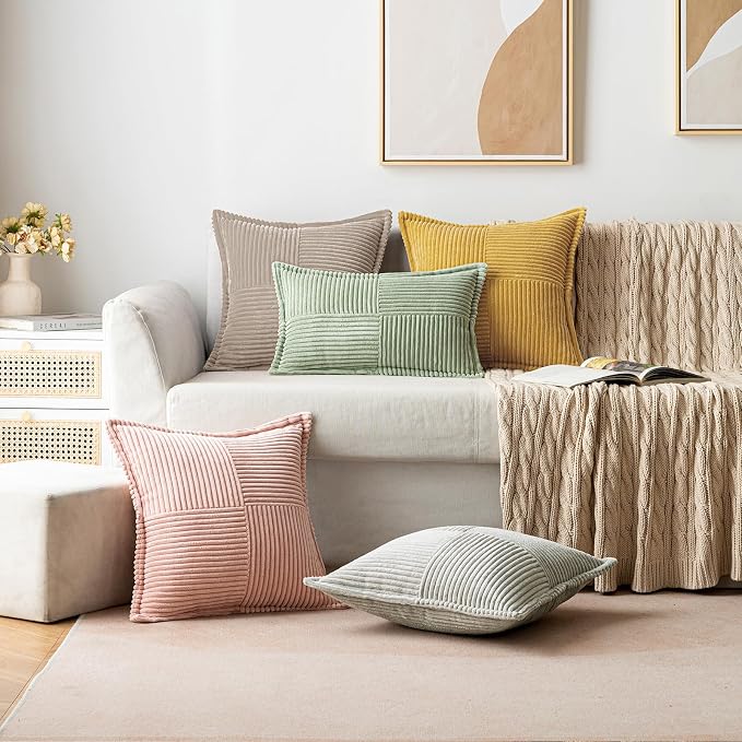 MIULEE Decorative Throw Pillow Covers for Couch Bed Livingroom 20x20 Inch Set of 2 Light Brown Boho Accent Throw Pllows Broadside Striped Patchwork Soft Corduroy Pillowcases - Image 5