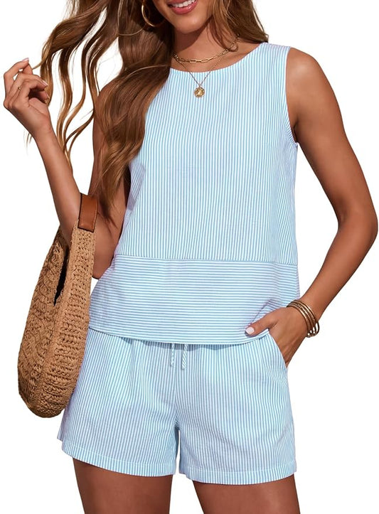LOMON Women's Trendy 2 Piece Outfits Shorts Sets Summer Crew Neck Sleeveless Tank Top and Bottom Matching with Pockets 2026 by LOMON