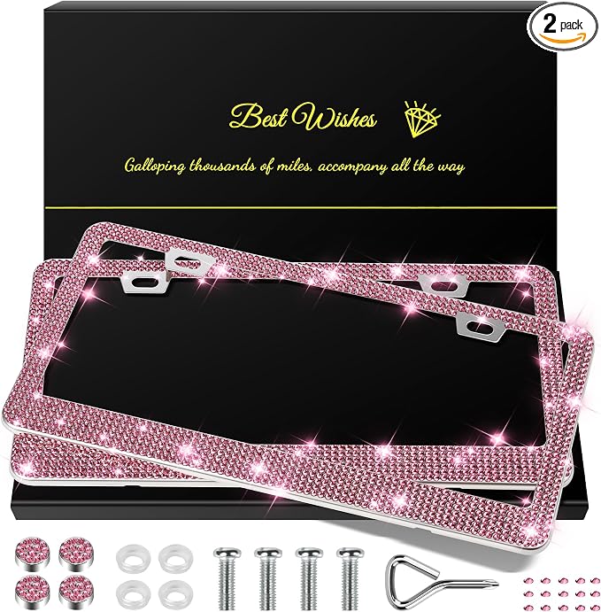 QUANQIUFEI 2 Pack Bling License Plate Frames for Women, Sparkly Rhinestone Diamond Car Accessories with Glitter Crystal Caps (Dark Pink) by QUANQIUFEI