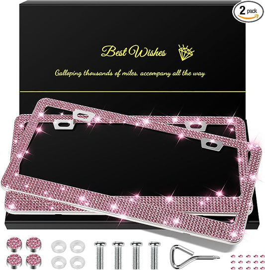 QUANQIUFEI 2 Pack Bling License Plate Frames for Women, Sparkly Rhinestone Diamond Car Accessories with Glitter Crystal Caps (Dark Pink) by QUANQIUFEI
