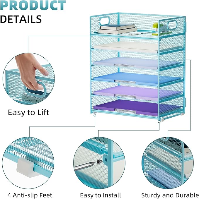 Marbrasse 6 Tier Paper Organizer Letter Tray - Mesh Desk File Organizer with Handle, Paper Sorter for Letter/A4 Office File Folder Holder -Blue - Image 4