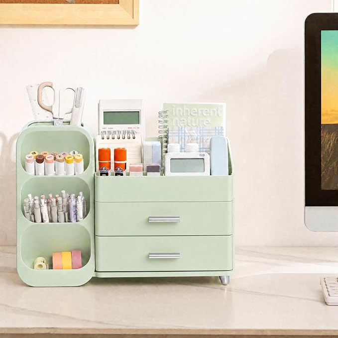 HBlife Desk Organizer with Pen Pencil Holder for Desk, Pen Organizer with 2 Drawers, Desk Organizers and Accessories with 4 Compartments, Desktop Storage for Office Home School Art Supplies, All Green - Image 3