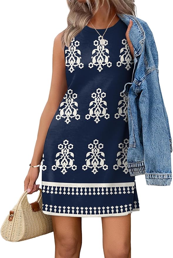 WIHOLL Casual Dresses for Women Crewneck Sleeveless Tank Dress Summer Spring Boho Vacation Clothes by WIHOLL