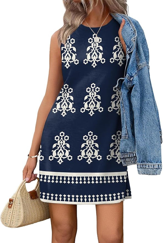 WIHOLL Casual Dresses for Women Crewneck Sleeveless Tank Dress Summer Spring Boho Vacation Clothes by WIHOLL