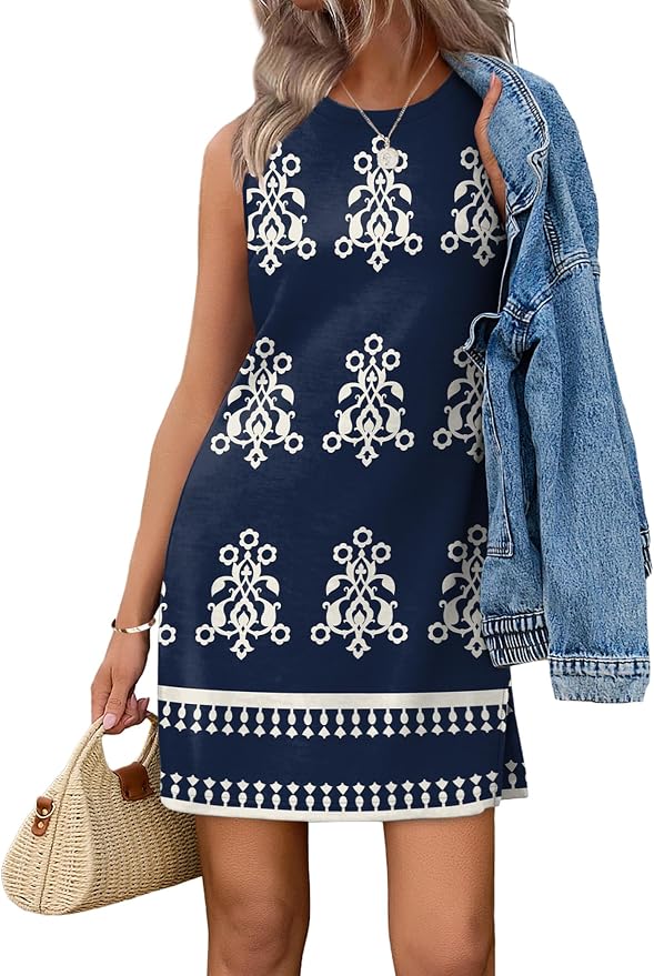WIHOLL Casual Dresses for Women Crewneck Sleeveless Tank Dress Summer Spring Boho Vacation Clothes by WIHOLL