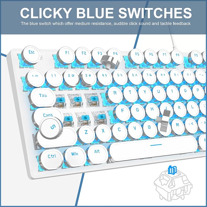 Camiysn Typewriter Style Mechanical Gaming Keyboard, White Retro Punk Gaming Keyboard with Blue Backlit, 104 Keys Blue Switch Wired Cute Keyboards, Round Keycaps for Windows/Mac/PC - Image 8