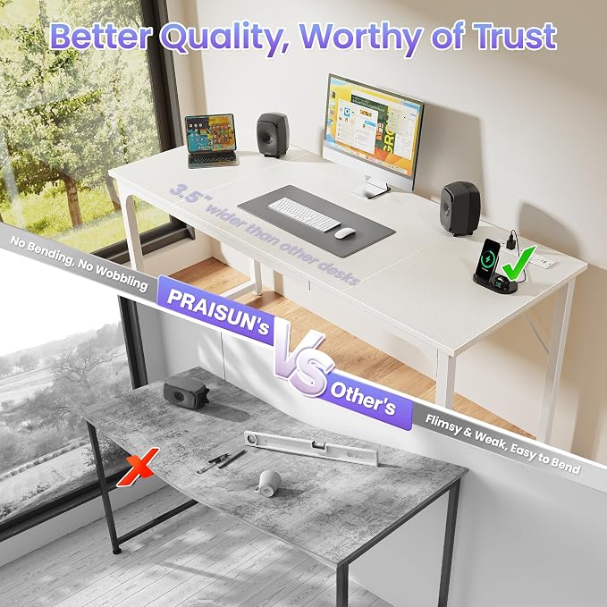 PRAISUN 63 X 24 Inch Computer Desk, Power Outlets, USB-C, White | Office Desk with 4 AC Outlets, USB & USB-C, Sturdy Metal Frame, Spacious Desktop for Work, Writing, Study & Gaming - Image 5