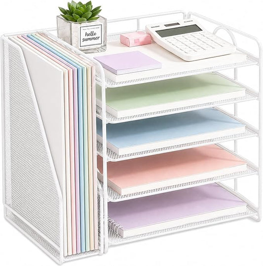 OPNICE Desk Organizer, 5-Tier Paper Organizer Letter Tray with Magazine Holder, Office Desk Accessories & Workspace Organizers, Desktop File Organizer for Office Supplies Storage, White by OPNICE