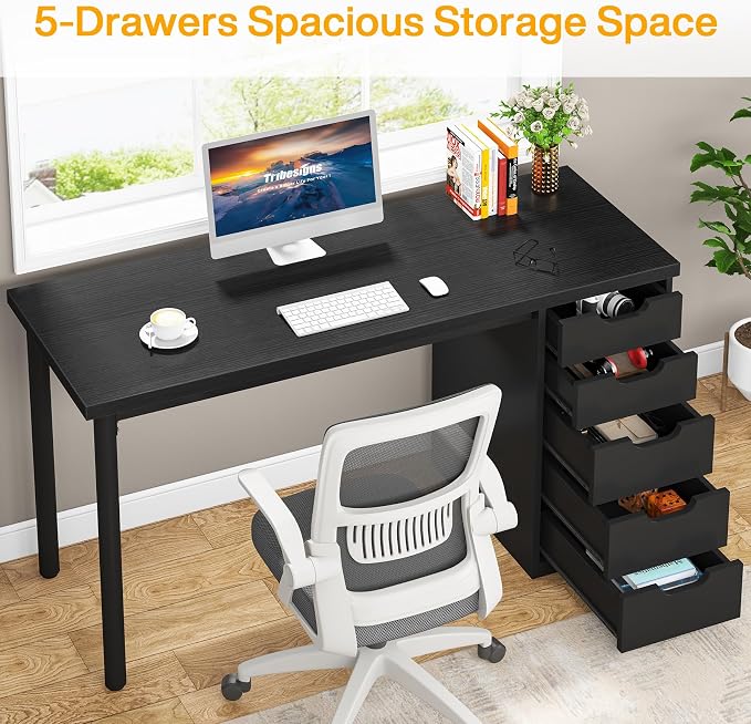 Tribesigns Computer Desk with 5 Drawers, 47 inches Rustic Brown Home Office Desk with Storage, Modern Simple Laptop Desk Study Writing Table for Small Spaces (1, Black) - Image 5