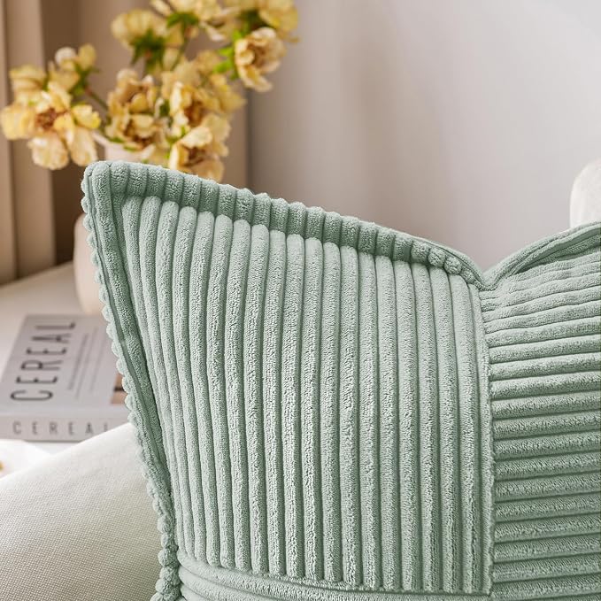 MIULEE Spring Decorative Throw Pillow Covers for Couch Bed Livingroom 18x18 Inch Set of 2 Greyish Green Boho Accent Throw Pllows Broadside Striped Patchwork Soft Corduroy Summer Pillowcases - Image 2