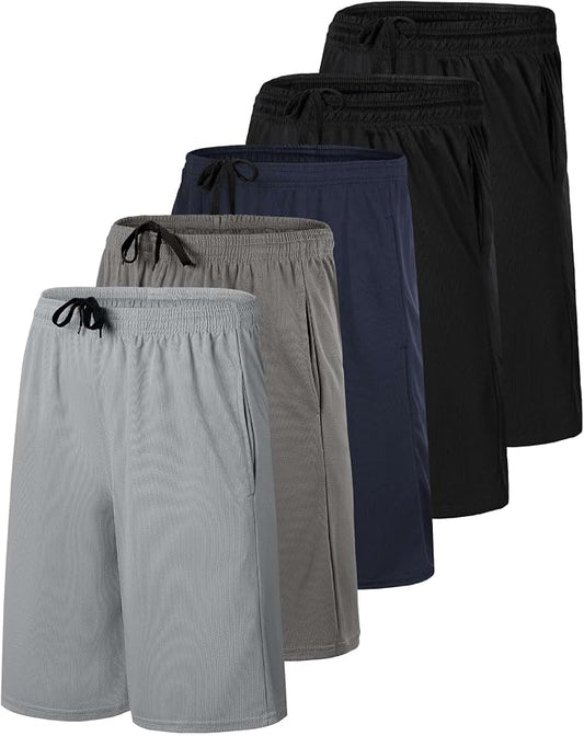 5 Pack Men's Mesh Shorts Athletic Basketball Sports Gym Workout Pockets | Cooling Moisture-Wicking, 9", Long, Quick-Dry, Breathable, Elastic Drawstring Waistband. Running, Exercise, Soccer, Training. by RealEssentials