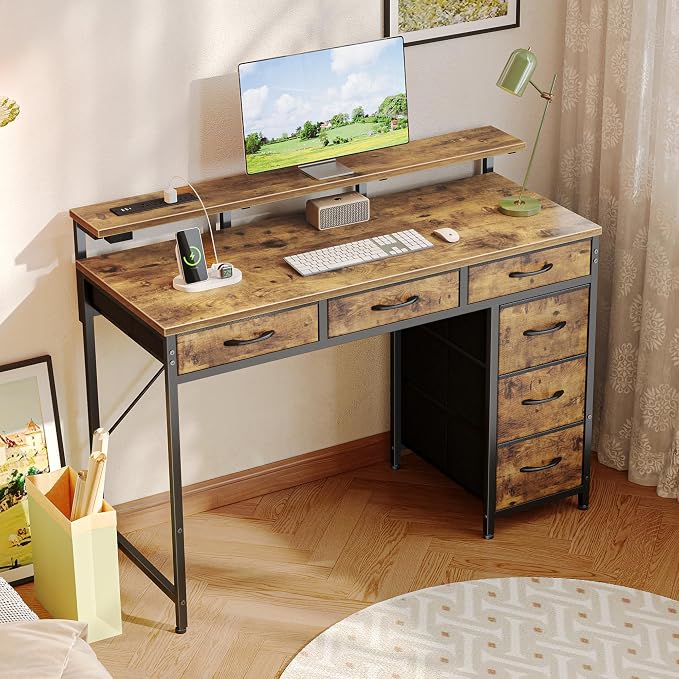Huuger Gaming Desk with 6 Drawers, Computer Desk with LED Lights Power Outlets and Type-C, 39 Inch Office Desk with Storage, Monitor Stand, Writing Work Desk Home Office, Study, Rustic Brown - Image 2
