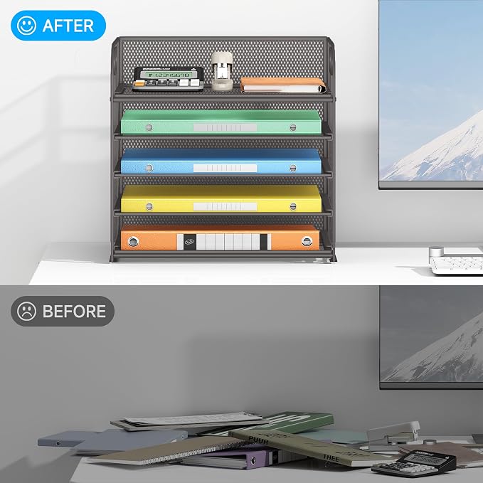 Lavatino 5 Tray Desk File Organizer, Mesh Paper Sorter Letter Tray Organizer with Handle, Desktop File Organizer and Storage for Letter/A4 Office File Folder- Grey - Image 4