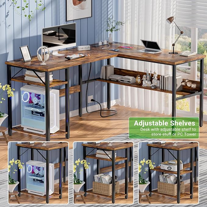 Unikito L Shaped Computer Desk with Magic Power Outlets and USB Charging Port, Sturdy Reversible Corner Desk with Storage Shelves, Modern Work Desk for Home Office, Easy to Assemble, Rustic Brown - Image 7