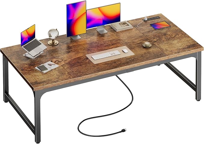 Huuger 63 x 31.5 inch Desk with Power Outlets & USB-C, 0.95 Inch Thicker Desktop, Robust Metal Tubes, Deep Computer Desk, Heavy Duty Office Desk, for Home Office, Rustic Brown by Huuger