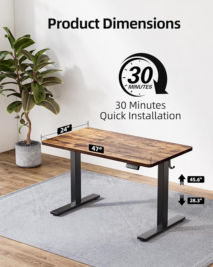 TIQLAB Standing Desk 47 x 24 inch, Electric Height Adjustable with Splice Board, Stand Up Desk, for Home Office, Black Frame/Rustic Brown Top - Image 3